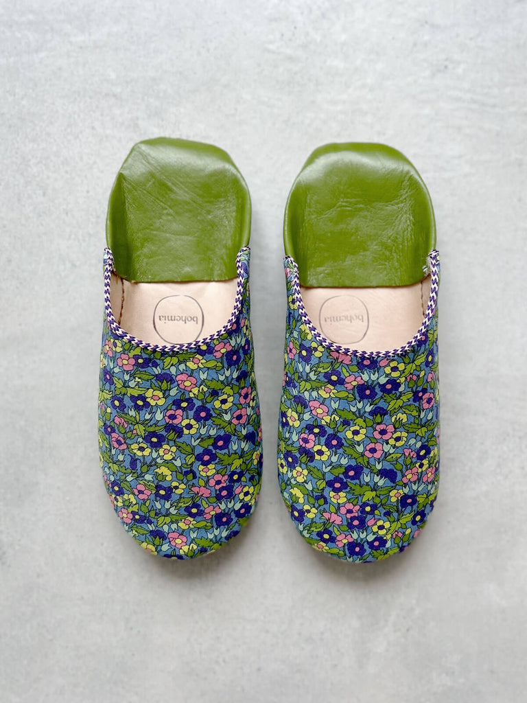 Green floral Liberty print Moroccan leather babouche slippers for wholesale