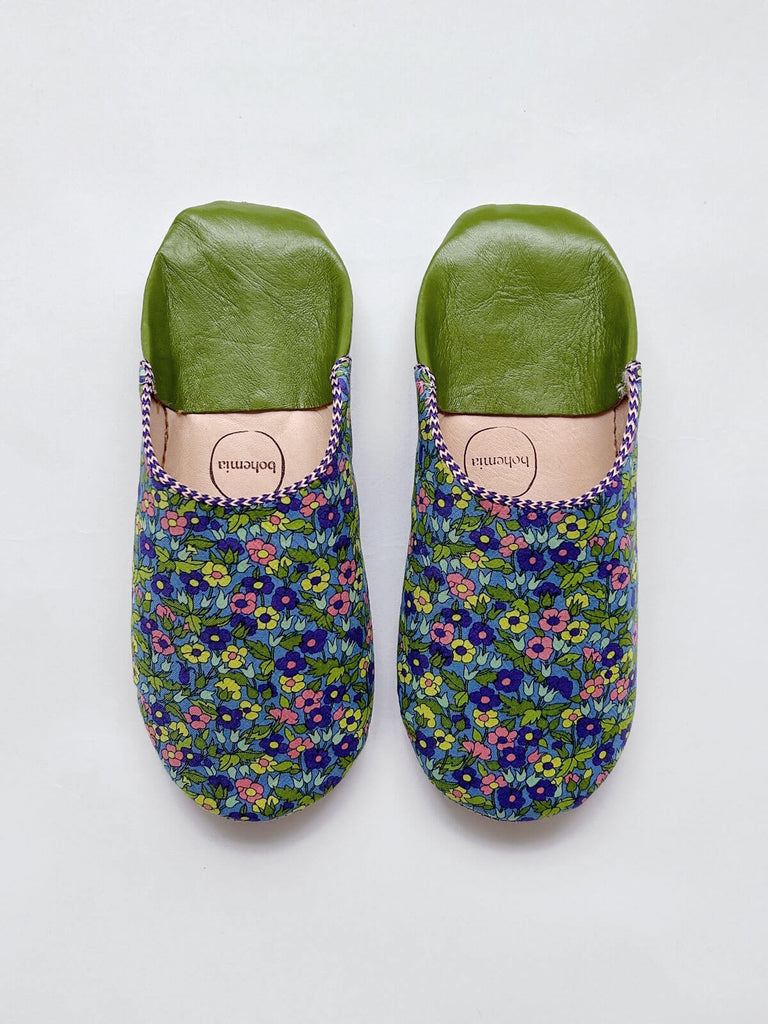 Wholesale Liberty print Moroccan babouche slippers in green floral design