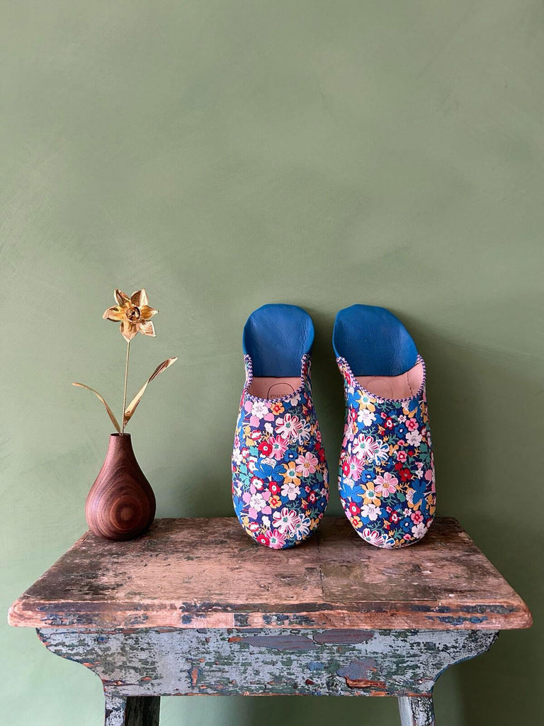 Blue and pink floral Moroccan babouche slippers with Liberty print fabric