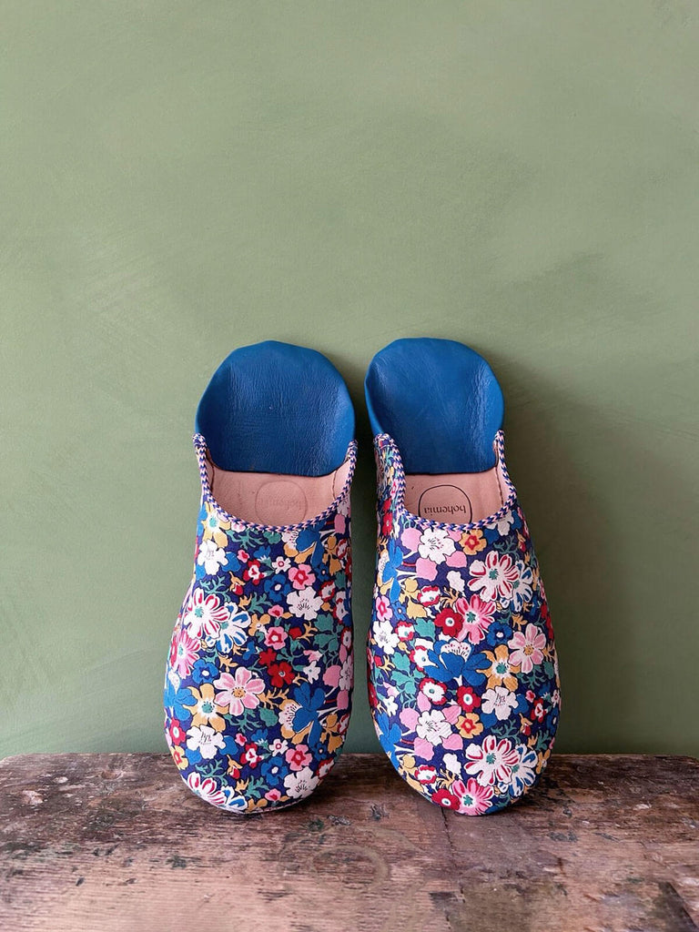 Blue floral Liberty print Moroccan babouche slippers