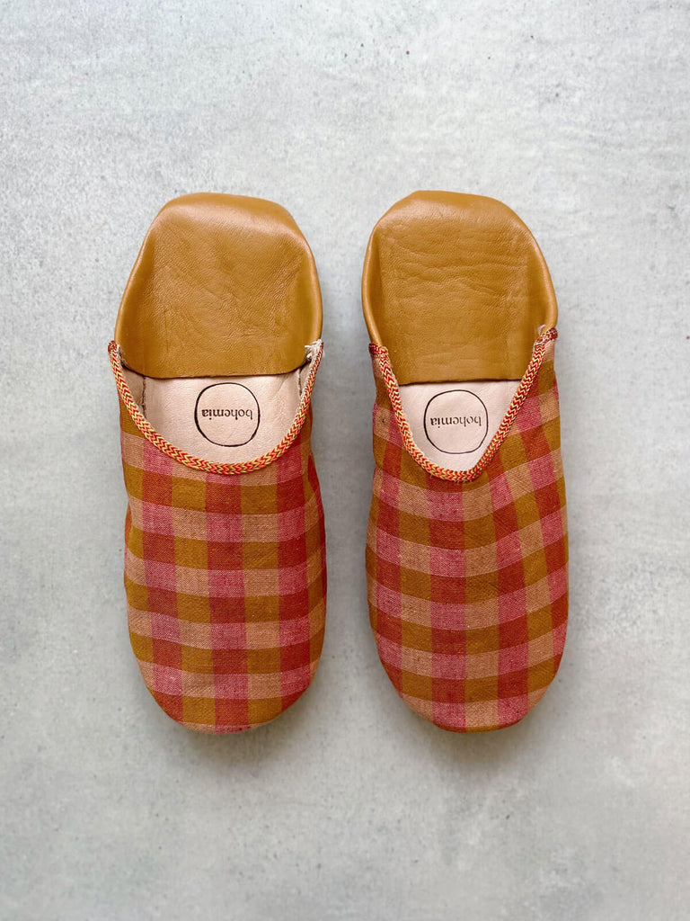 Margot soft leather babouche slippers with gingham check design in burnt orange and tan