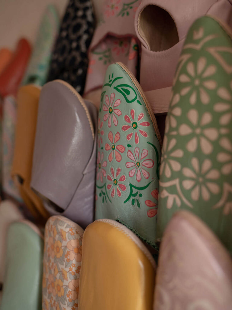 A close up of different babouche slippers designs by Bohemia Design