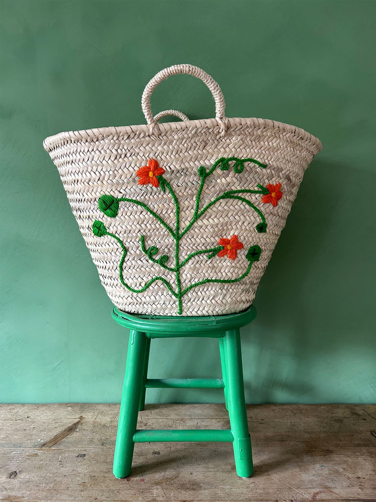 Nature-inspired wholesale handwoven market basket bag featuring a vibrant Nasturtium floral design by Bohemia Design