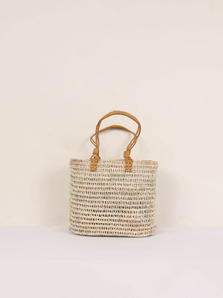 Small pleated leather handle basket in mustard
