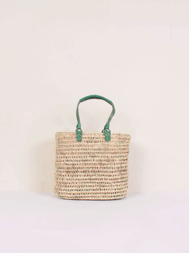Small pleated leather handle basket in sage green