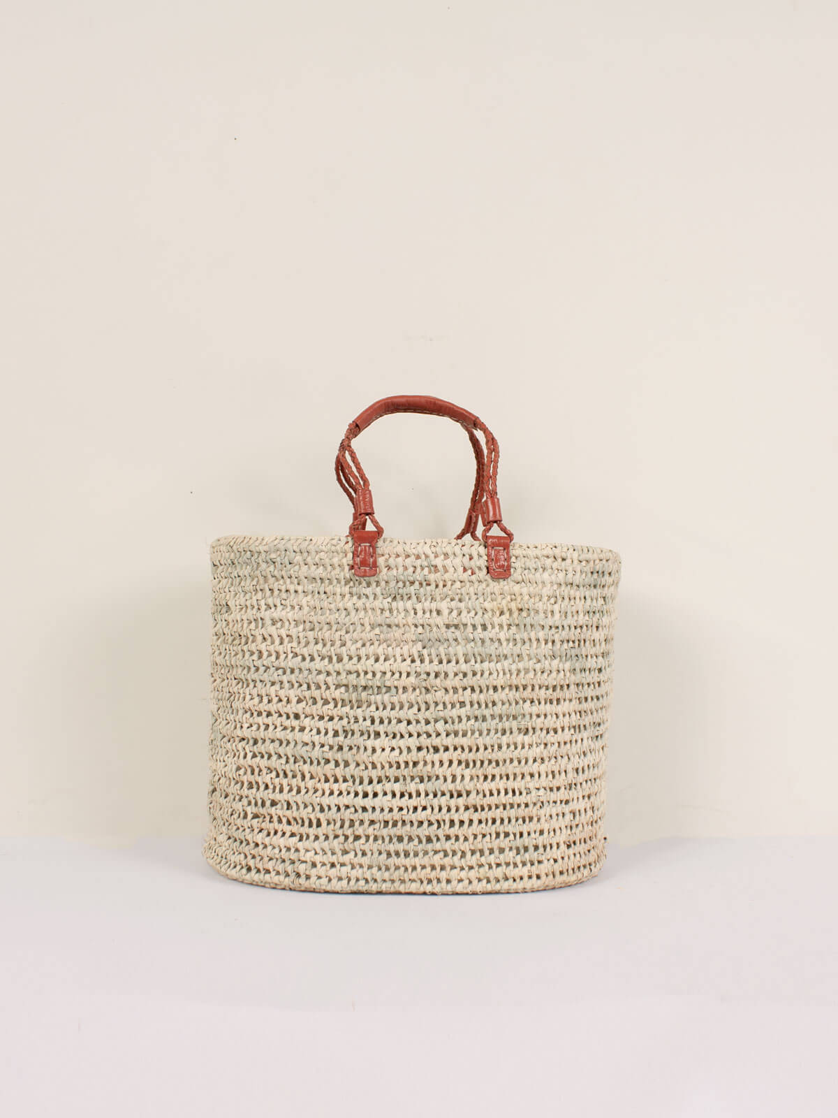 Large pleated leather handle basket in terracotta