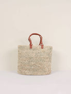 Large pleated leather handle basket in terracotta