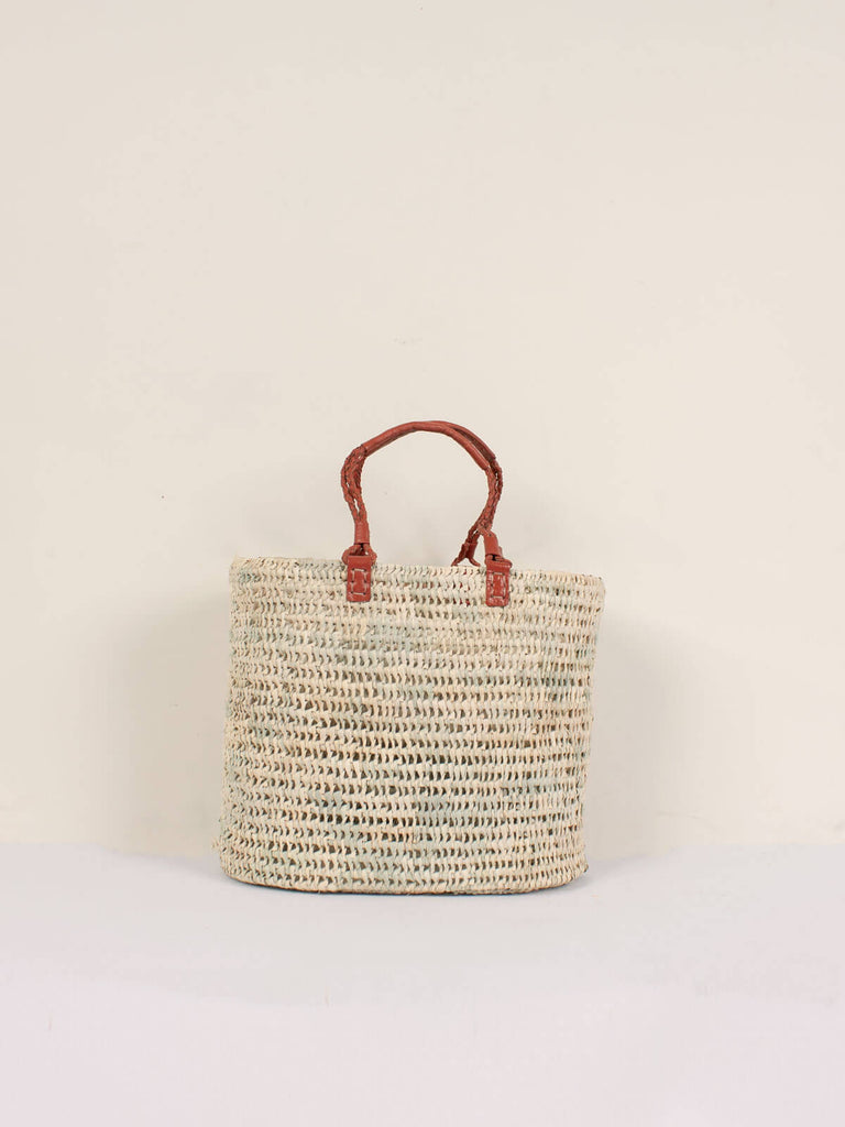 Medium size open weave basket with terracotta pleated leather handles