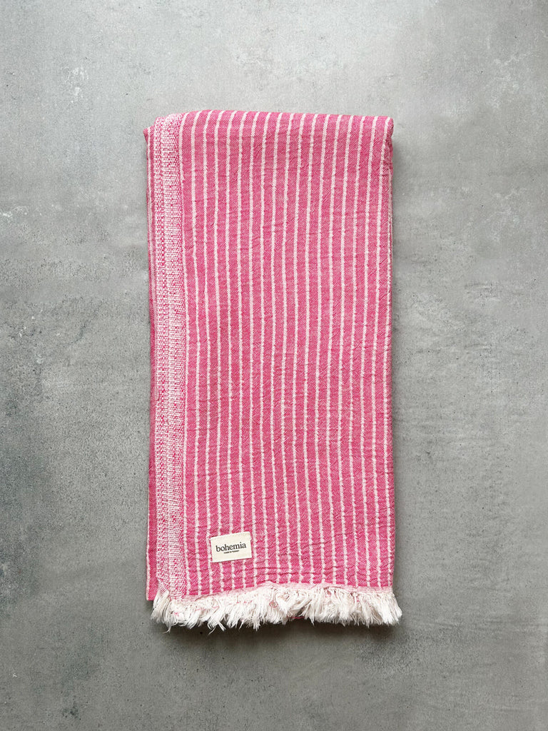 Premium Turkish cotton hammam towel in Flamingo pink with white stripes by Bohemia Design