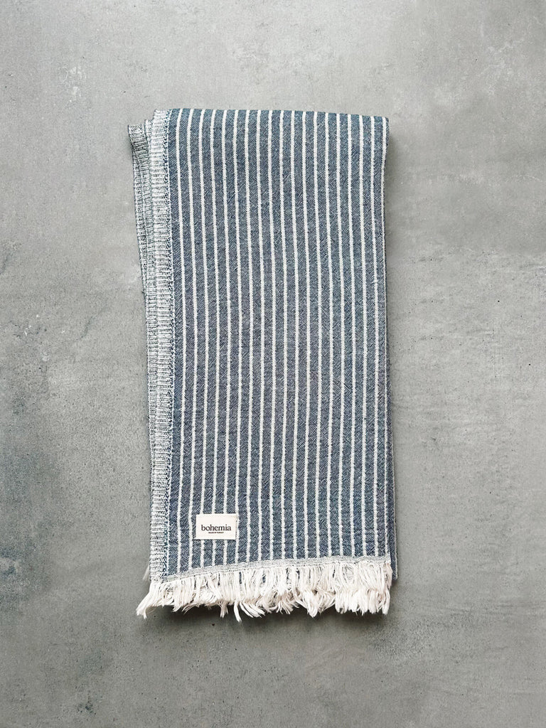 Indigo blue and white stripe cotton hammam towel by Bohemia Design