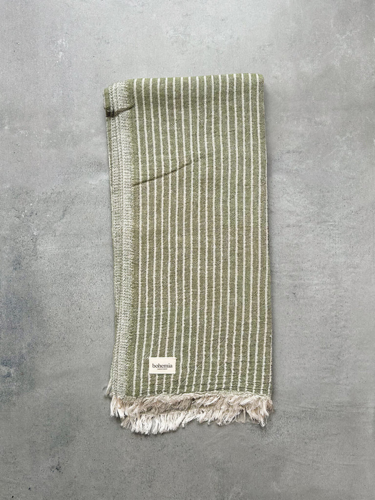 Wholesale Portobello hammam towel with subtle olive green stripes, perfect for summer  by Bohemia Design