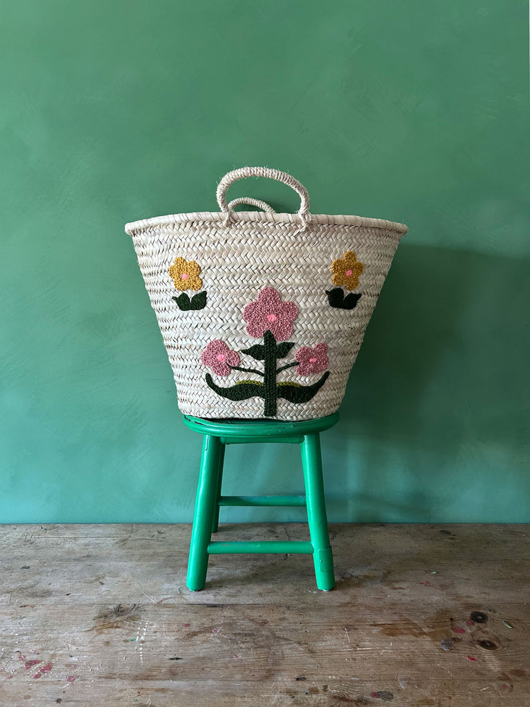 Hand embroidered market basket with two short handles, featuring our posy illustration by Bohemia