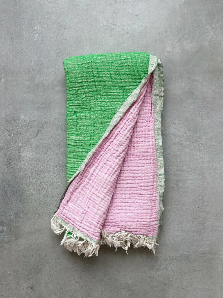 Double-sided Samos hammam towel in Leaf green and Rose pink by Bohemia Design
