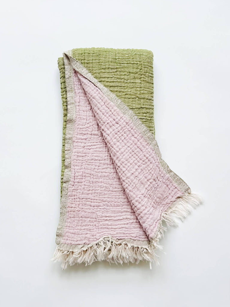 Samos cotton hammam towel in olive green and dusty pink