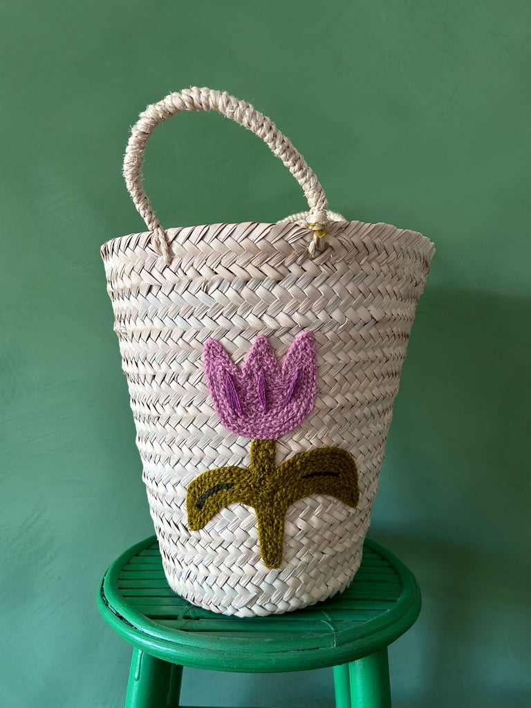 Bohemia Design Hand Embroidered Basket Tulip on a green background