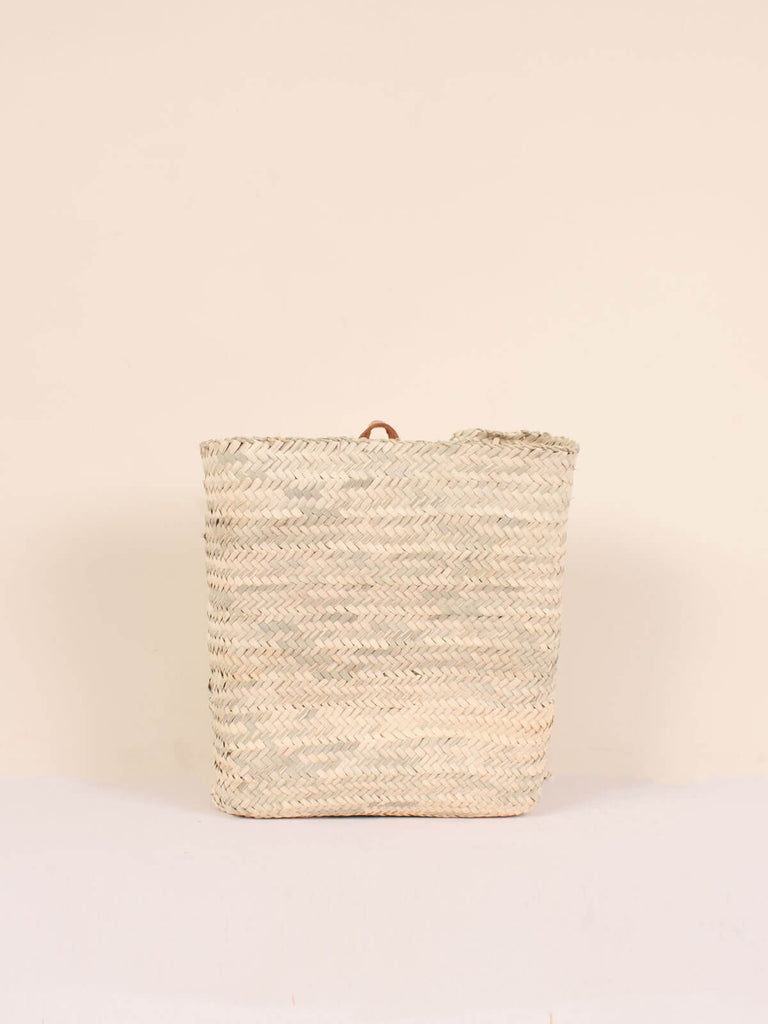 Large natural woven rectangular wall basket with small leather loop