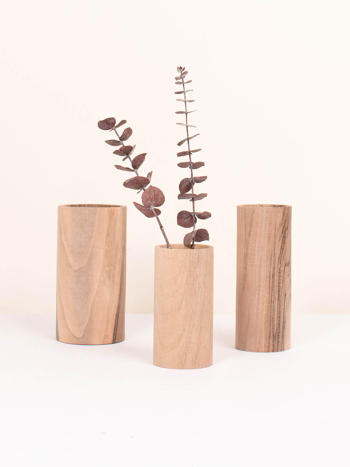 Group of 3 Walnut Wood Dried Flower Vases in different sizes