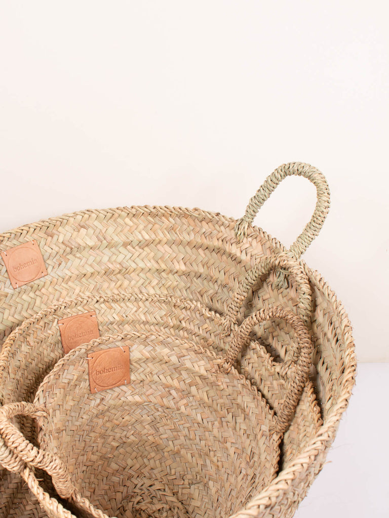  Rustic handwoven Beldi baskets shown in the three available sizes