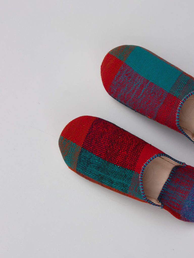 Moroccan Boujad Fabric Basic Babouche Slippers, Red Check | Bohemia Design