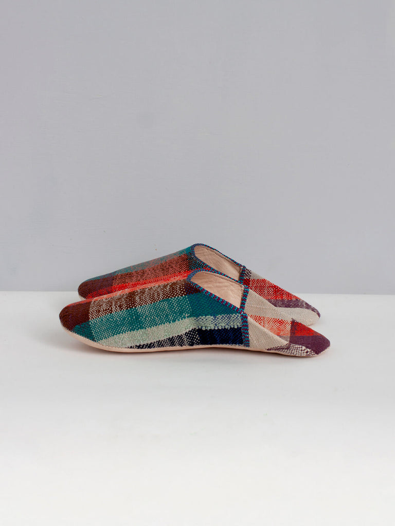 Moroccan Boujad Fabric Basic Babouche Slippers, Red Check | Bohemia Design