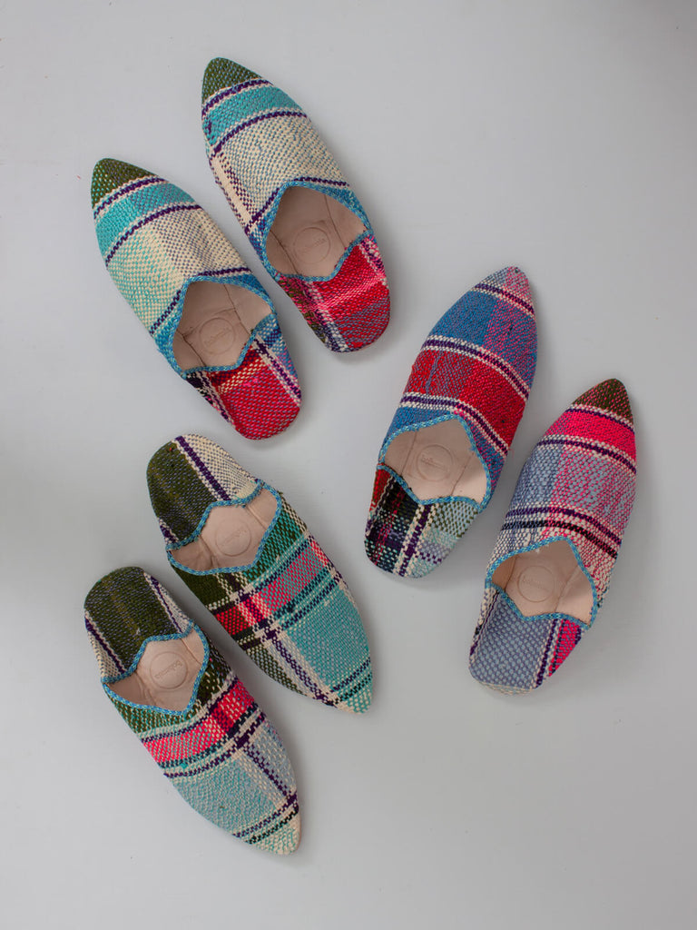 Group of three pairs of Limited edition Moroccan Boujad Pointed Babouche Slippers with a stripe pattern in blue green and fuchsia pink tones. 