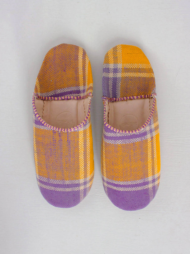 Moroccan Boujad Basic Babouche Slippers, Mustard Lilac Check | Bohemia Design