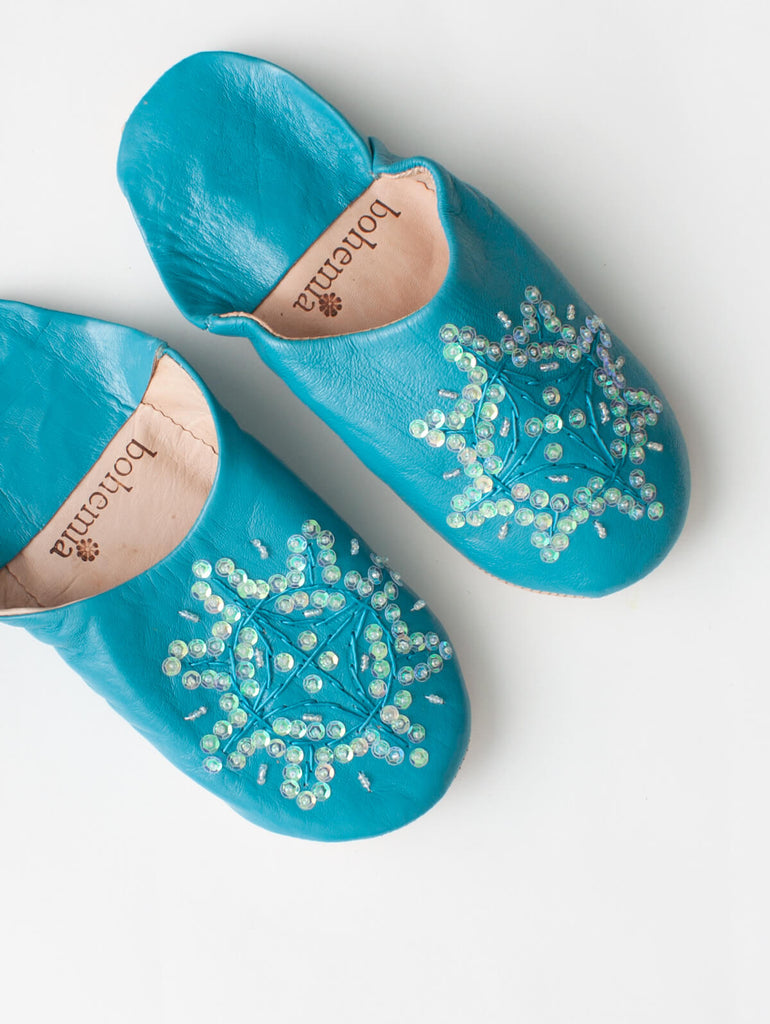 Moroccan Babouche Sequin Slippers, Aqua (Pack of 2) | Bohemia Design