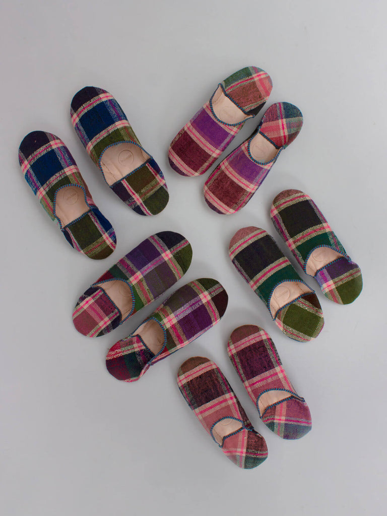 A group of limited edition Moroccan Boujad Fabric Basic Babouche Slippers, Lilac Check by Bohemia Design