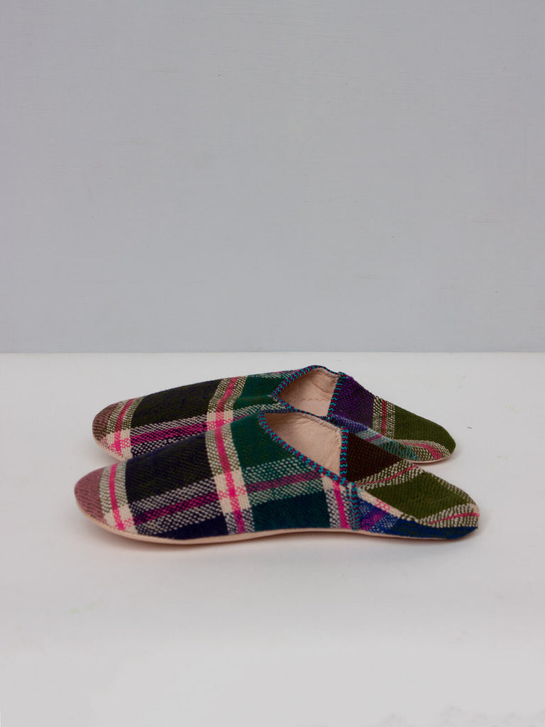 A detail shot of a pair of limited edition Moroccan Boujad Fabric Basic Babouche Slippers, Lilac Check by Bohemia Design