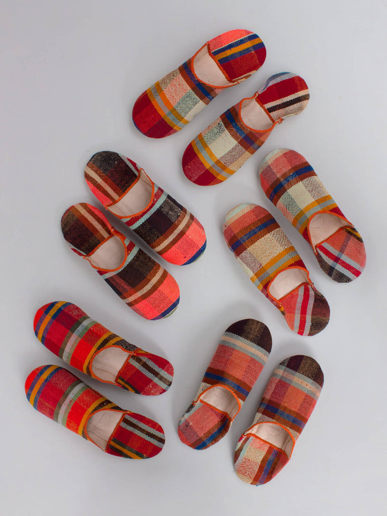 A group of Moroccan Boujad Fabric Basic Babouche Slippers, Sunset Check