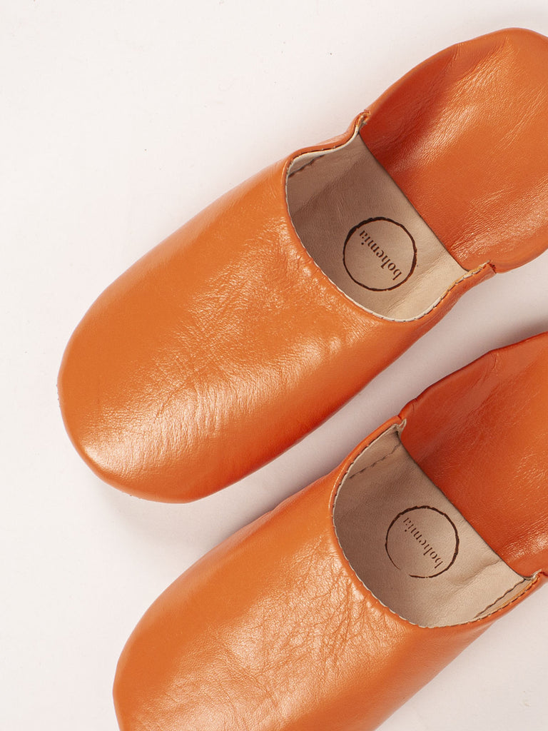 Handmade Moroccan Babouche Basic Slippers in Tangerine Coloured Leather by Bohemia Design