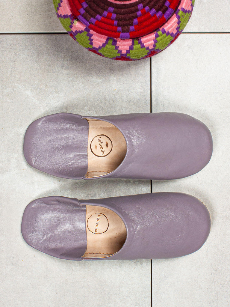Handmade Moroccan Babouche Basic Slippers in Violet Coloured Leather by Bohemia Design with Moroccan wool pot