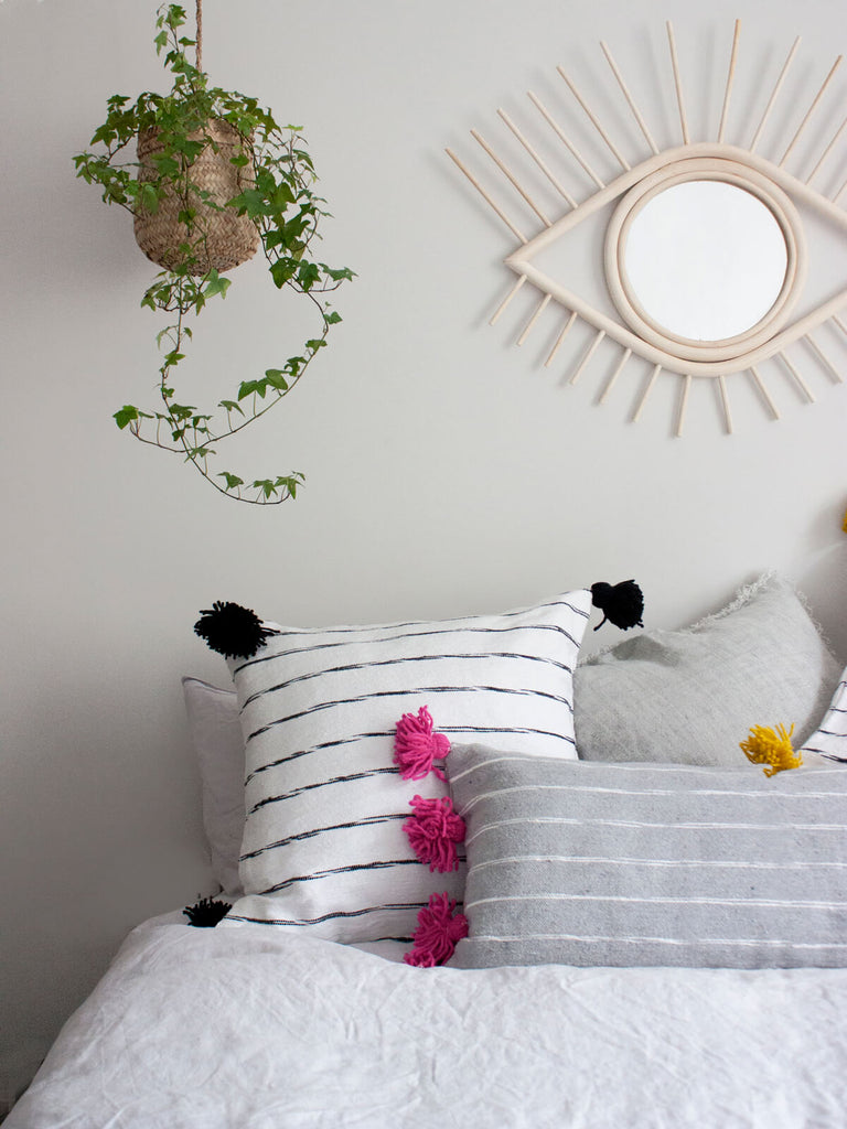 Grey Cotton Scribble Stripe Rectangle Cushions, Pink | Bohemia Design