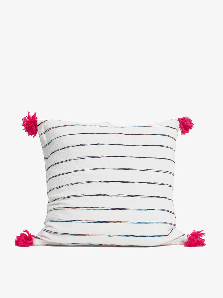 White Cotton Scribble Stripe Square Cushions, Pink - Bohemia Design