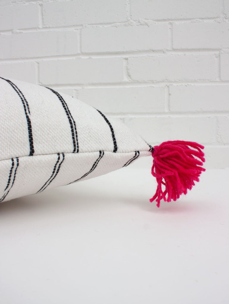 White Cotton Scribble Stripe Square Cushions, Pink | Bohemia Design