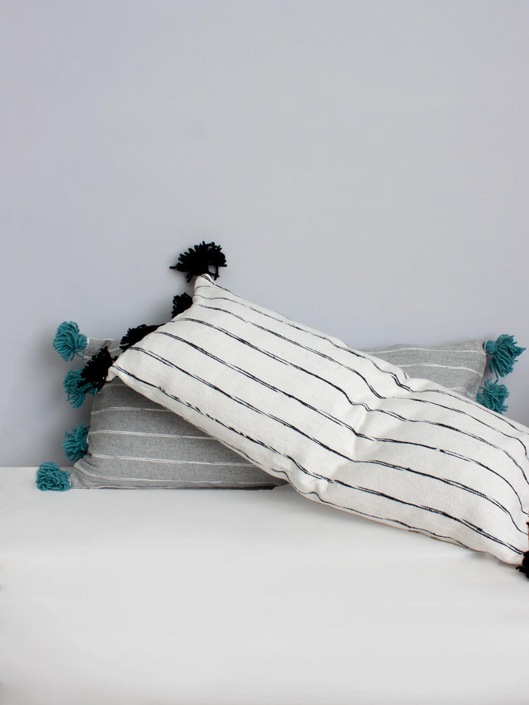 White Cotton Scribble Stripe Rectangle Cushions, Black | Bohemia Design