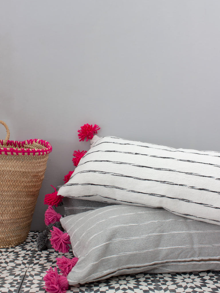Grey Cotton Scribble Stripe Rectangle Cushions, Pink | Bohemia Design