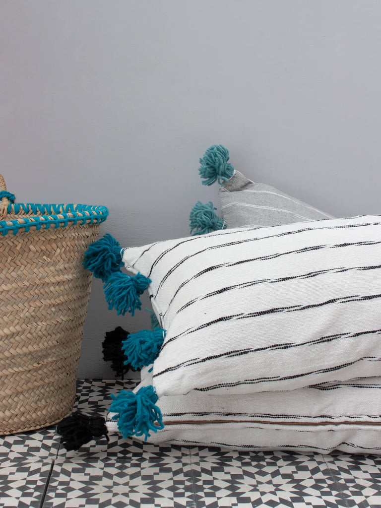 White Cotton Scribble Stripe Rectangle Cushions, Blue | Bohemia Design
