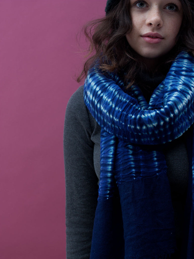 Shibori Tie Dye Merino Wool Scarf, Blue | Bohemia Design