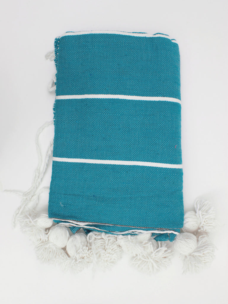 Tassel Cotton Stripe Pom Pom Blanket, Aqua | Bohemia Design