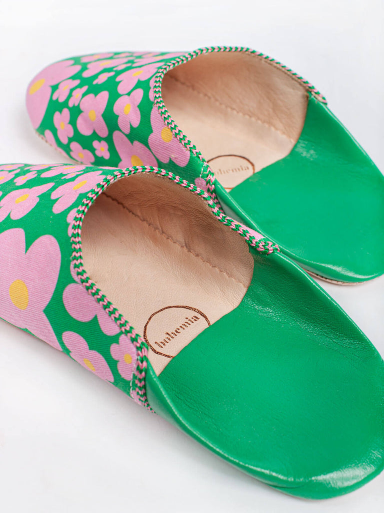 Moroccan babouche slippers in green and pink floral pattern by Bohemia Design
