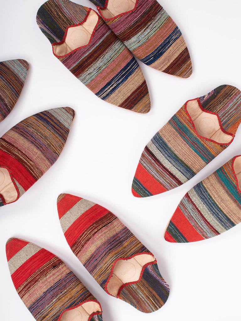 Group of Moroccan boujad babouche slippers in atlas stripe pattern by Bohemia design