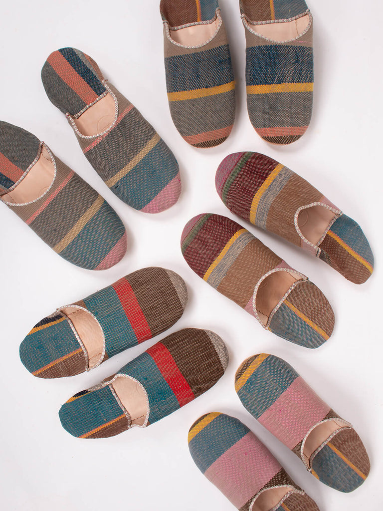Group of Bohemia design Moroccan babouche boujad slippers in camel stripe pattern