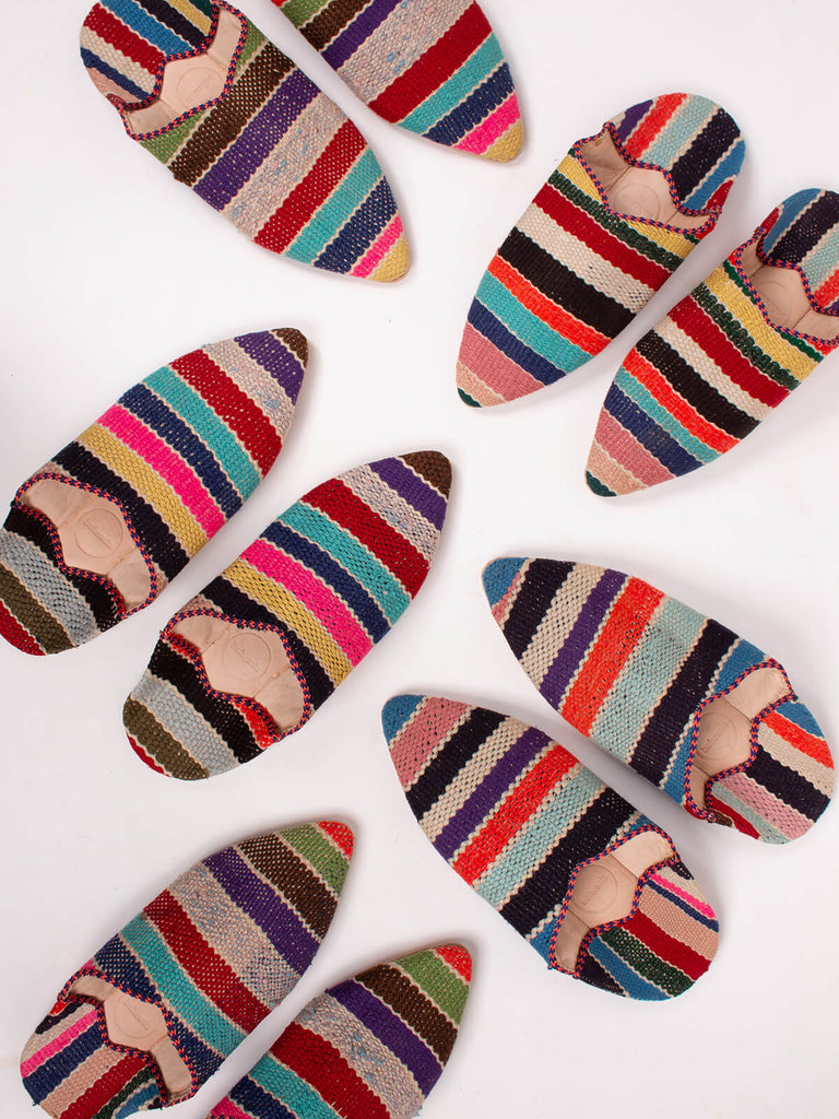 Group of Bohemia design Moroccan babouche boujad slippers in a multi stripe pattern