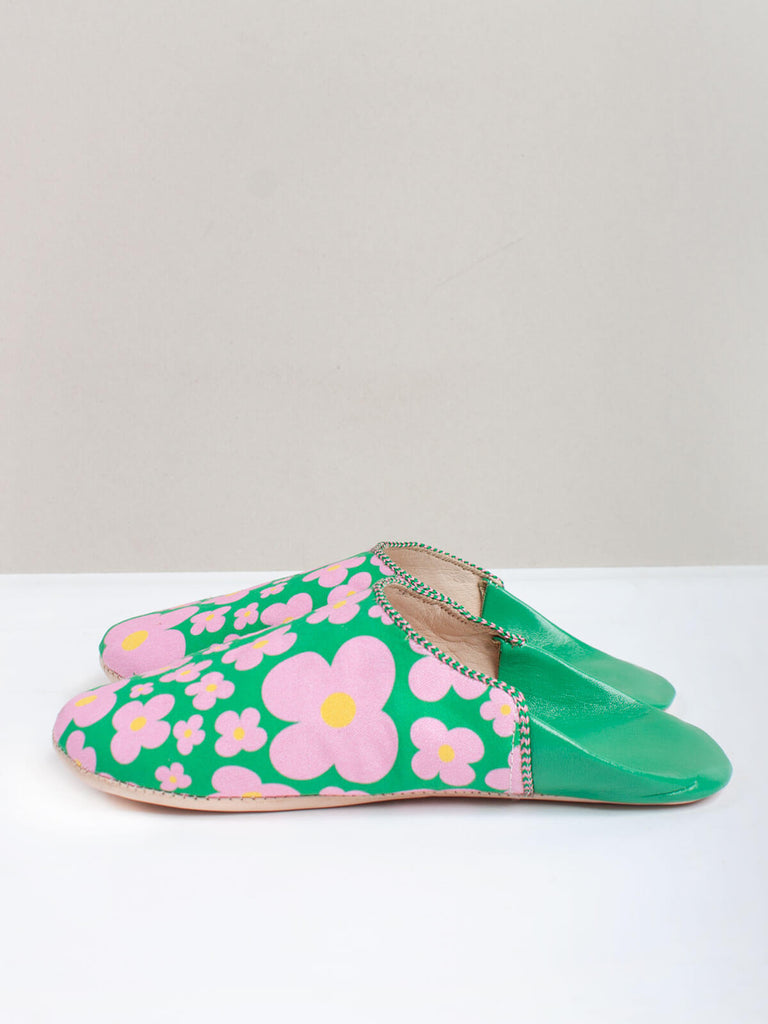 Moroccan babouche slippers in green and pink floral pattern by Bohemia Design