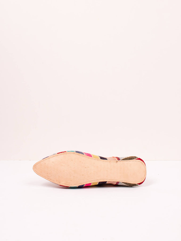 Underside of Bohemia design Moroccan babouche boujad slippers in a multi stripe pattern
