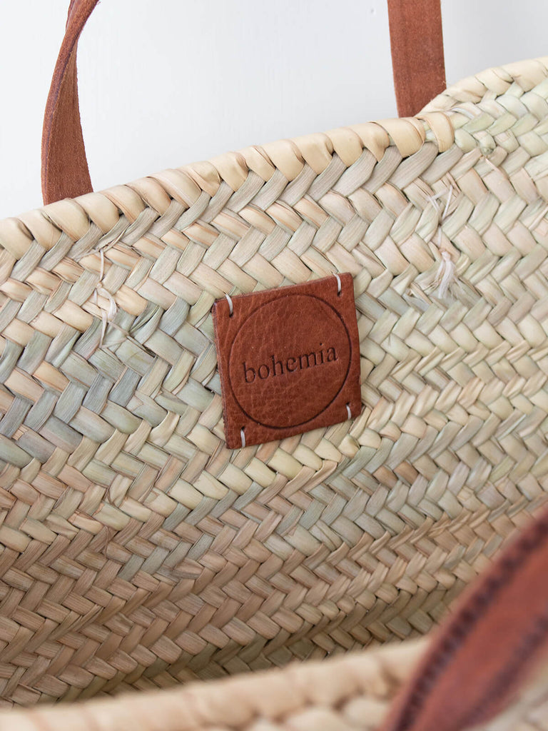 Detail of leather label Parisienne market basket by Bohemia design