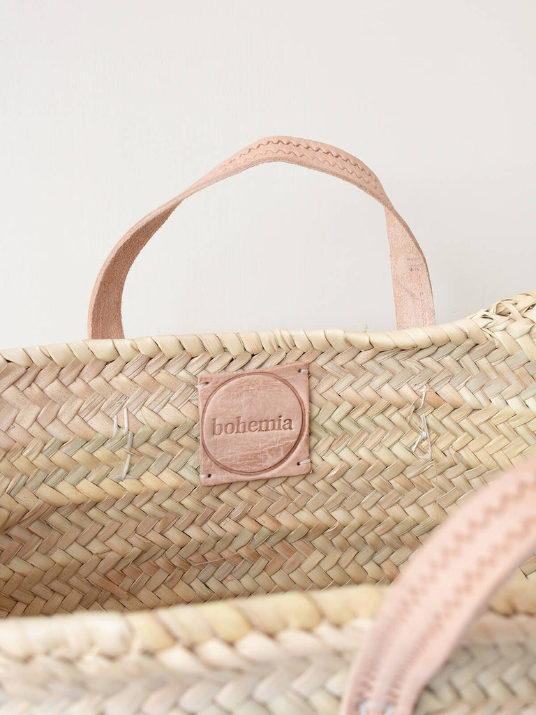 Leather label detail of Parisienne market basket by Bohemia Design