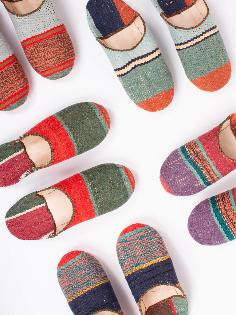 Group of Moroccan boujad babouche slippers in a teddy stripe pattern by Bohemia Design
