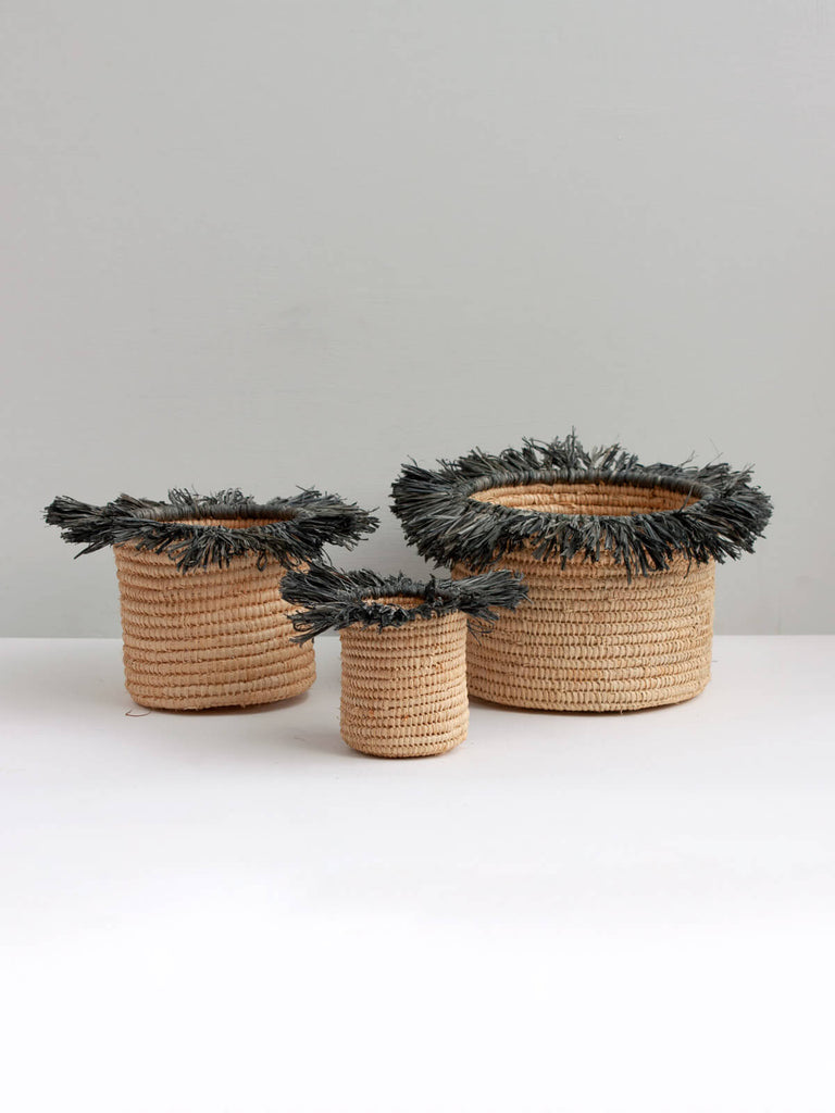 Raffia Tassel Storage Pots (Set of 3), Grey | Bohemia Design